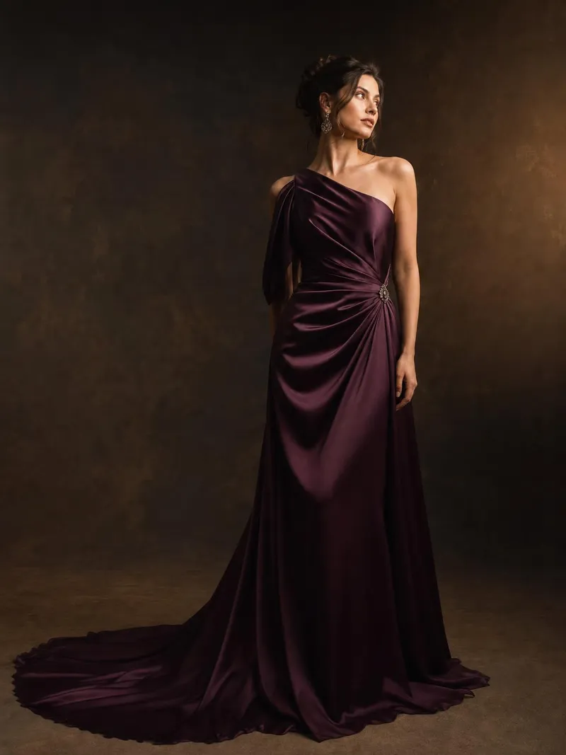 Frau in einem pflaumenfarbenen Satin-Abendkleid mit drapierten Details vor dunklem Studiohintergrund