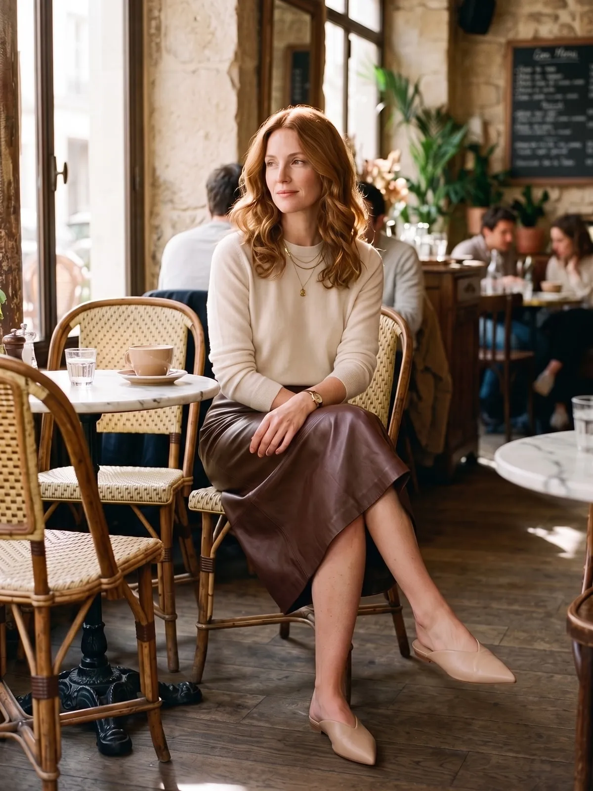 Frau in schokobraunem Lederrock und cremefarbenem Feinstrick im Café, Beine übereinandergeschlagen, in flachen spitzen Mules in Beige