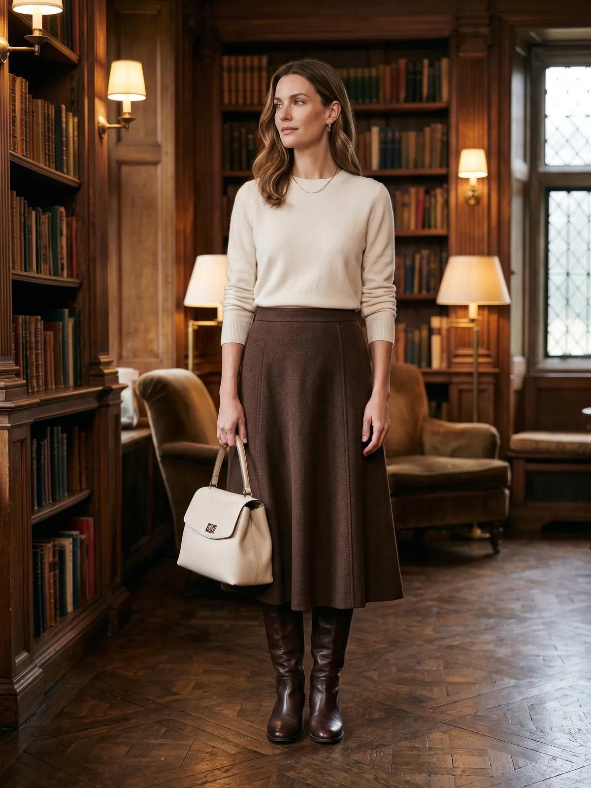 Frau in einem schokoladenbraunen Woll-Midirock mit cremefarbenem Kaschmirpullover, cremefarbener Ledertasche und braunen Stiefeln in einem holzvertäfelten Leseraum