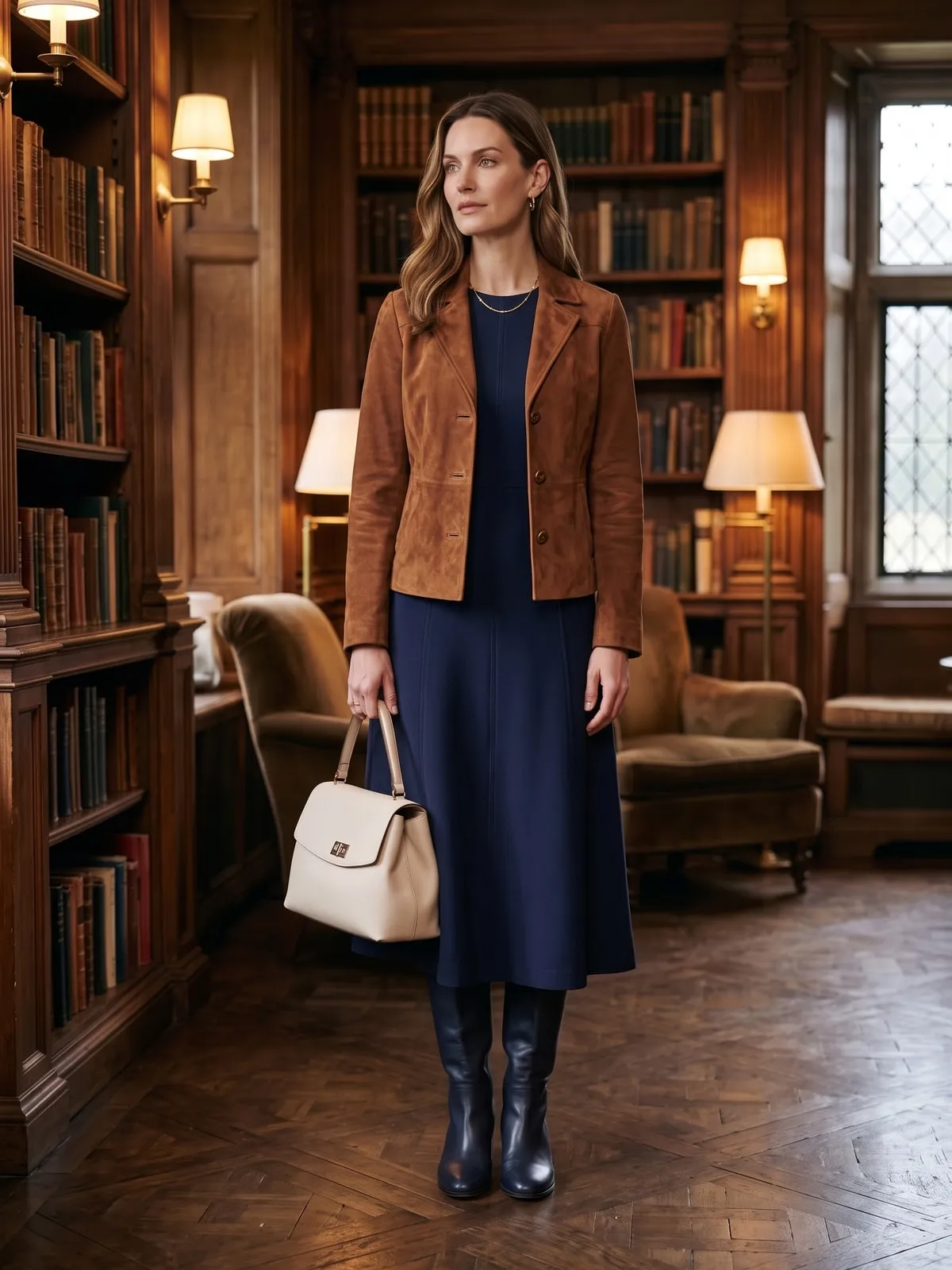 Frau in einer cognacfarbenen Wildlederjacke über einem marineblauen Midikleid mit marineblauen Stiefeln