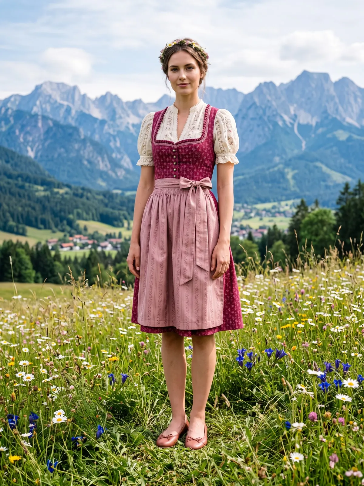Flache roséfarbene Lederballerinas mit Schleife als Schuhe zum beerenroten Dirndl, Frau auf einer Almwiese vor blauen Bergen