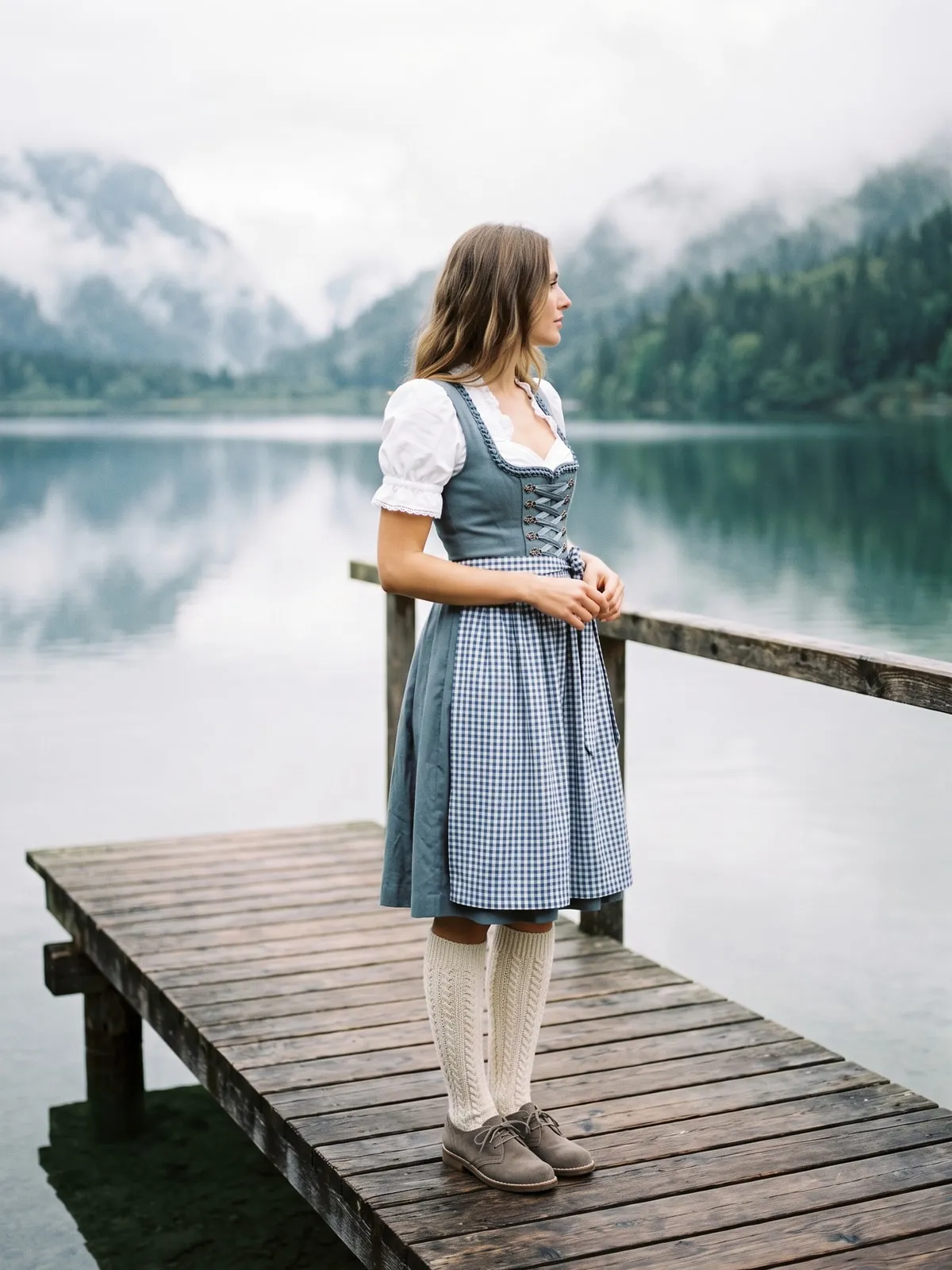 Graubraune Haferlschuhe als traditionelle Schuhe zum Dirndl, getragen mit cremefarbenen Trachten-Kniestrümpfen auf einem Holzsteg am nebligen Alpensee