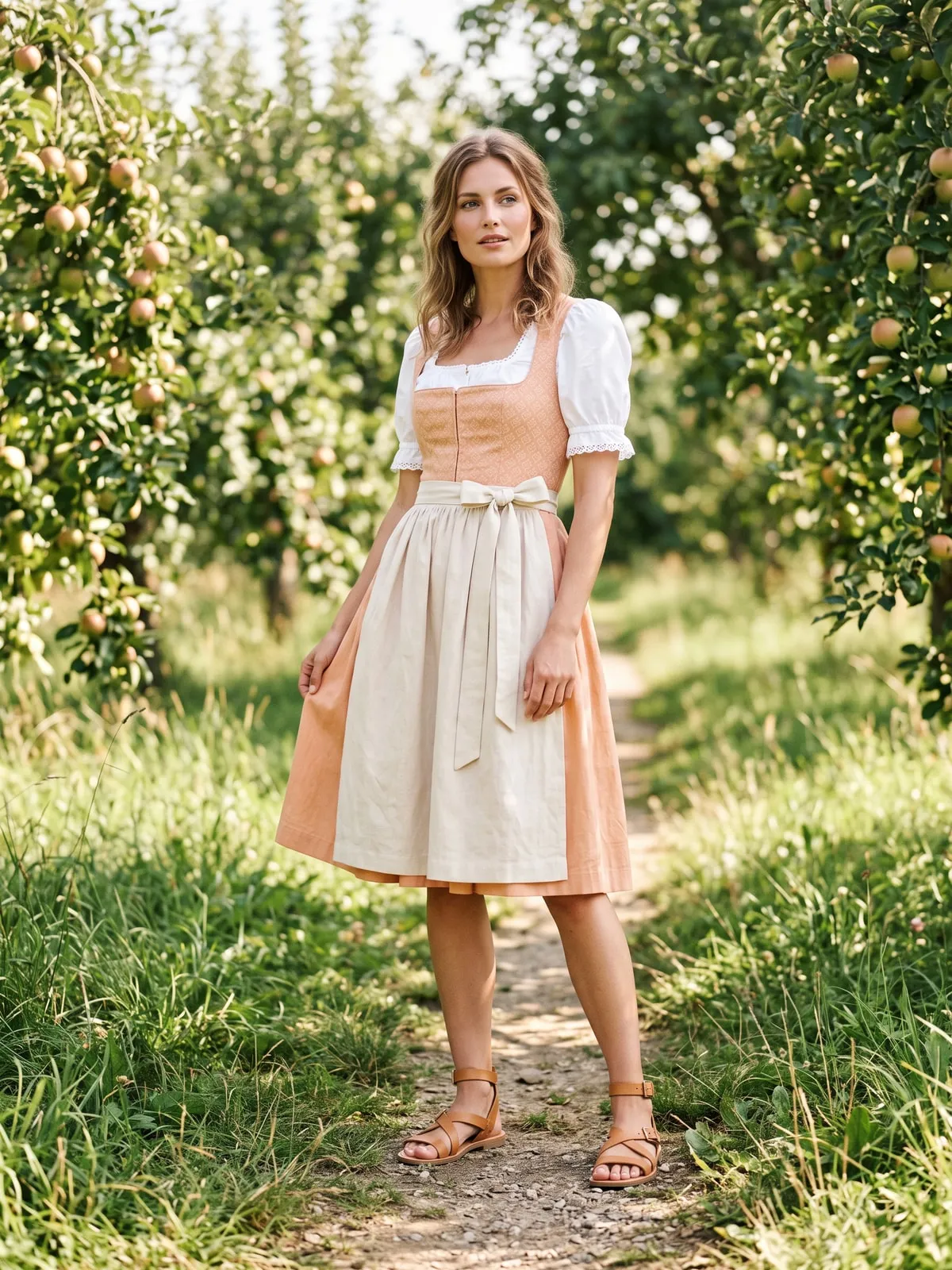 Flache cognacfarbene Riemchensandalen mit Knöchelriemen zum apricotfarbenen Dirndl, Frau in einem sonnigen Obstgarten