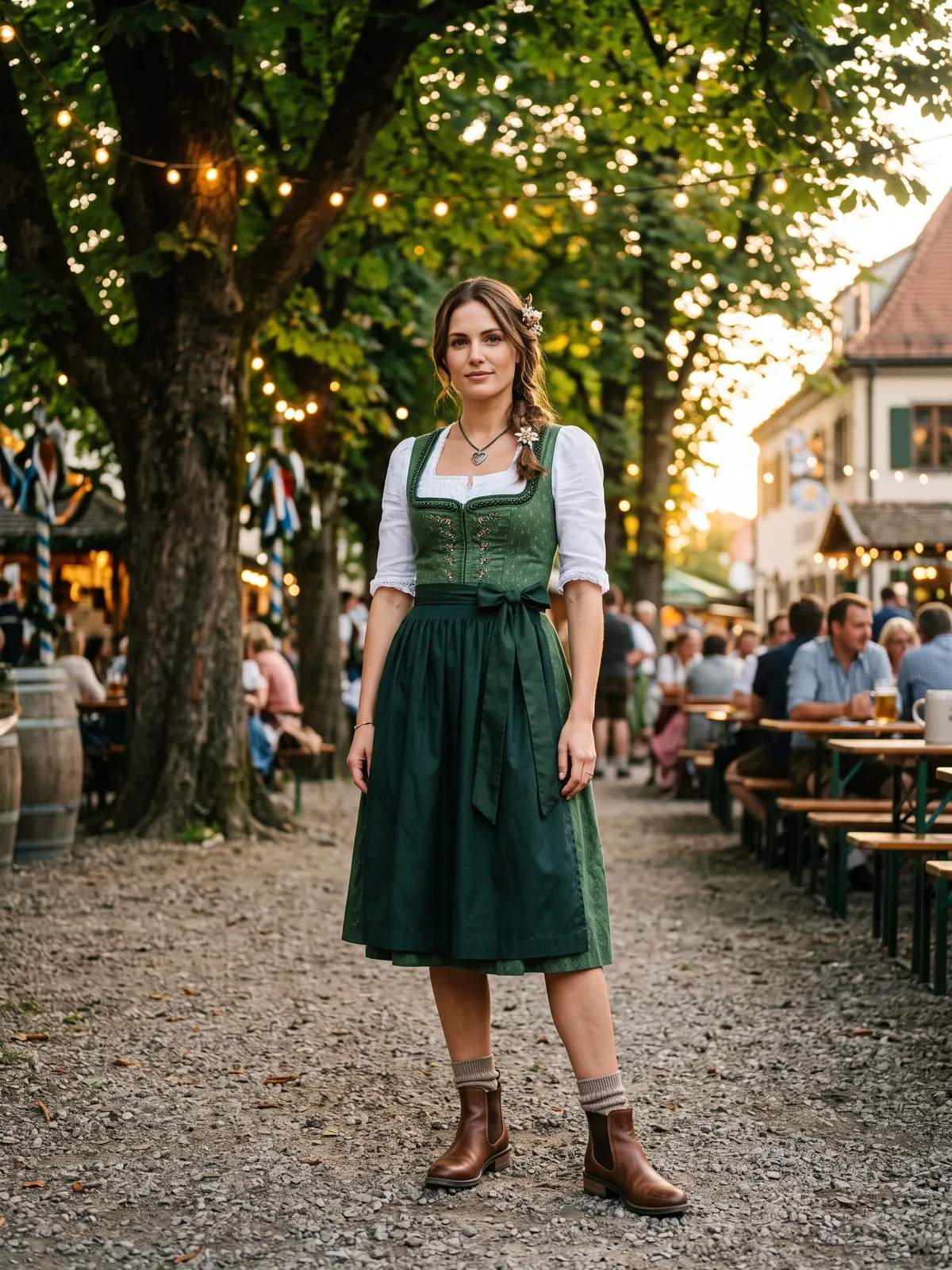 Braune Lederstiefeletten mit Blockabsatz und dicken Ringelsocken als Schuhe zum dunkelgrünen Dirndl, Frau im Biergarten unter Lichterketten
