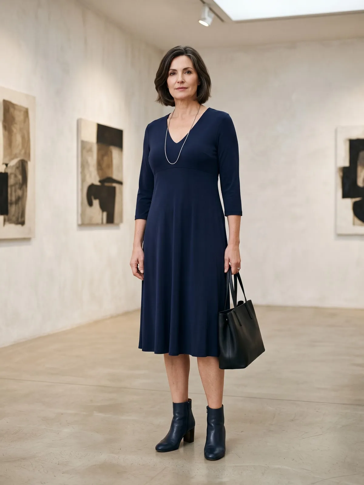 Frau in einem mitternachtsblauen Empire-Kleid aus fließender Viskose mit V-Ausschnitt, Naht direkt unter der Brust und Dreiviertelärmeln, dazu dunkelblaue Stiefeletten
