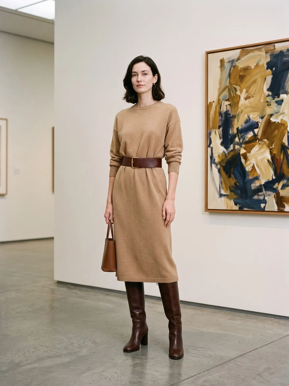Schlanke Frau in einem camelfarbenen Strick-Midikleid mit breitem dunkelbraunem Ledergürtel in der Taille, dazu braune Stiefel