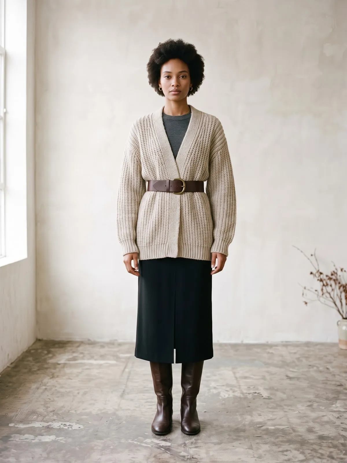 Frau in einer übergroßen haferfarbenen Grobstrick-Strickjacke mit breitem dunkelbraunem Ledergürtel in der Taille über einem langen schmalen Rock