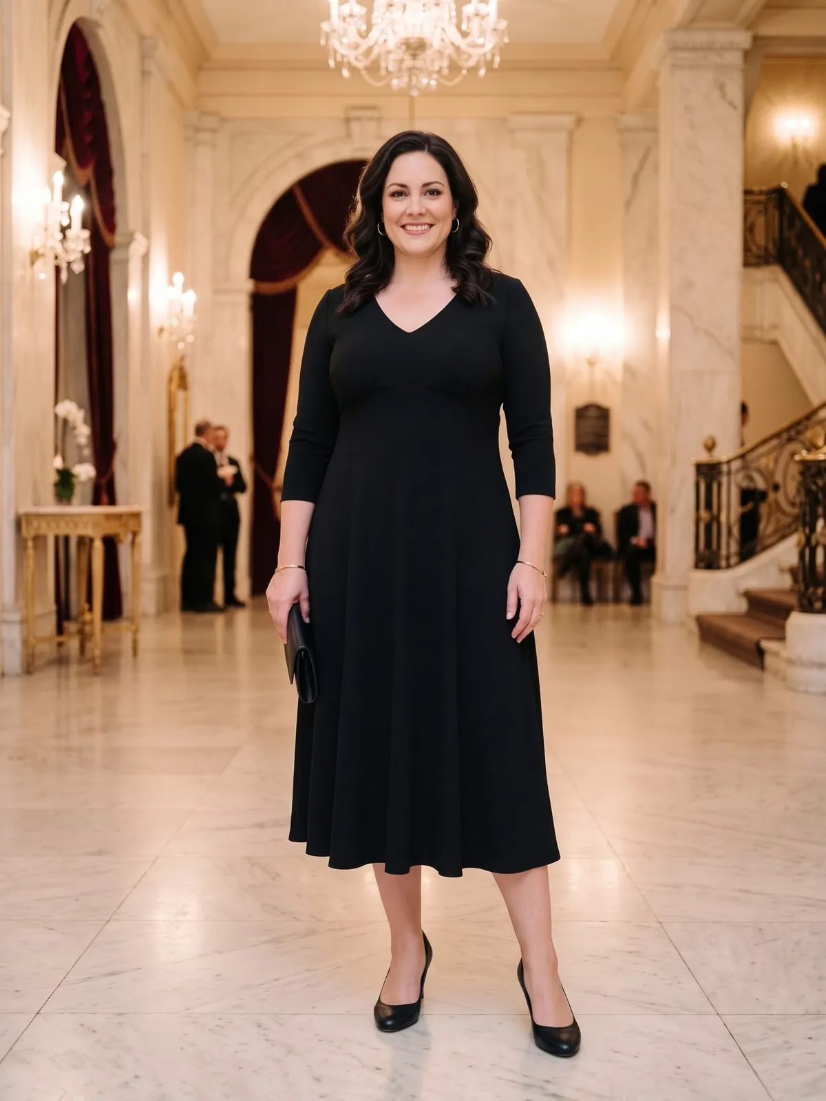 Kurvige Frau in einem schwarzen Empire-Kleid aus Crêpe mit Naht unter der Brust und fließendem Rock bis zur Wadenmitte, dazu schwarze Pumps