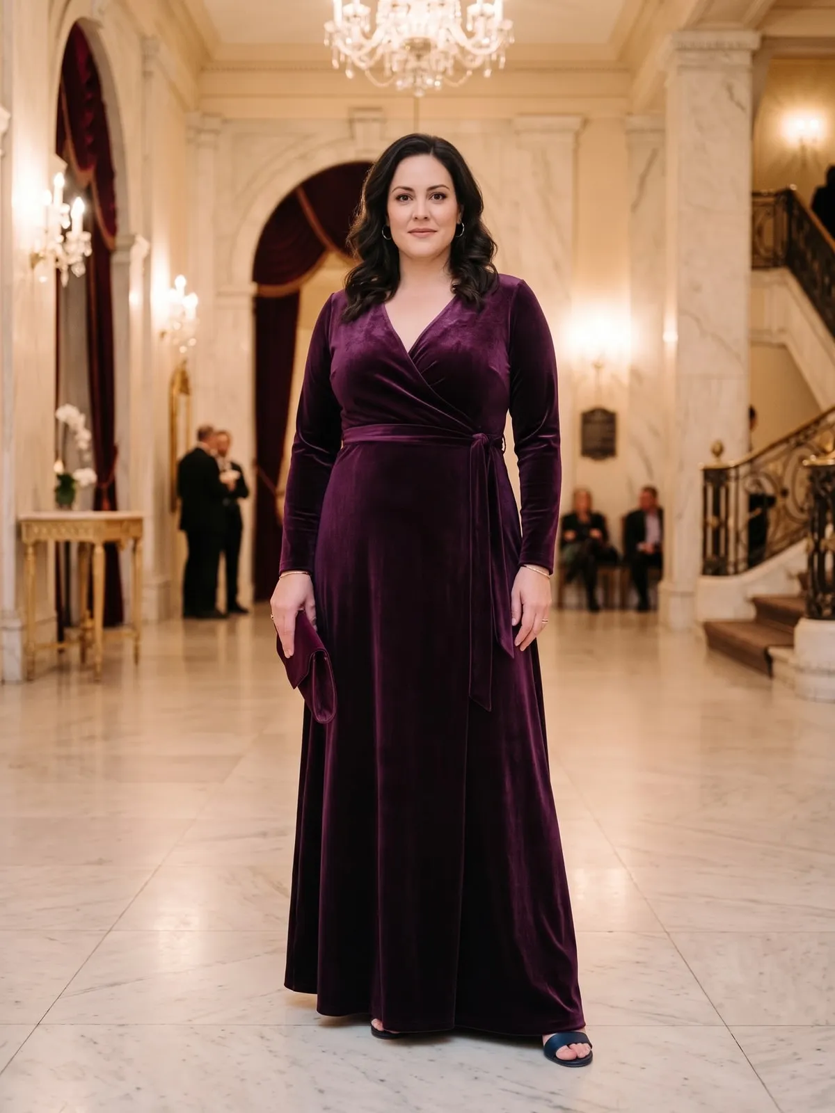 Kurvige Frau in einem bodenlangen pflaumenfarbenen Samtkleid in Wickeloptik mit langen Ärmeln, in der Taille gebunden, dazu dunkle Sandaletten