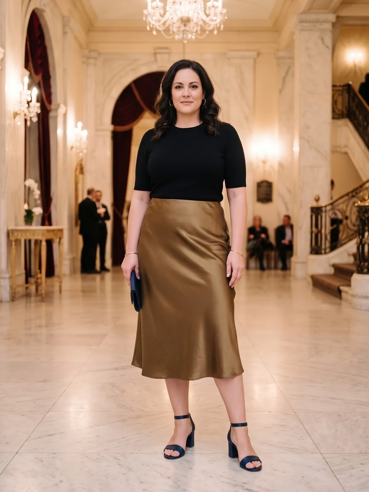 Kurvige Frau in einem olivgoldenen Satin-Midirock mit schwarzem Feinstrick-Oberteil, dazu marineblaue Sandaletten mit Blockabsatz