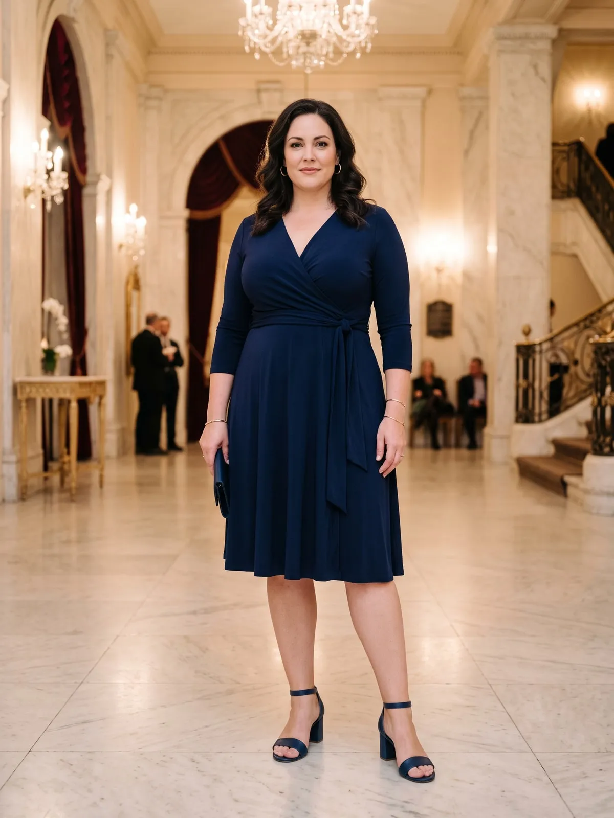 Kurvige Frau in einem marineblauen Wickelkleid aus Jersey mit Dreiviertelärmeln, das in der natürlichen Taille gebunden ist, dazu marineblaue Sandaletten