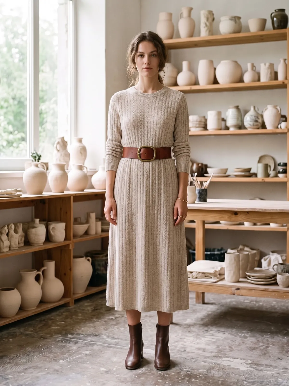 Breiter cognacfarbener Ledergürtel über einem haferfarbenen Strick-Midikleid, der eine Taille erzeugt, dazu braune Stiefeletten