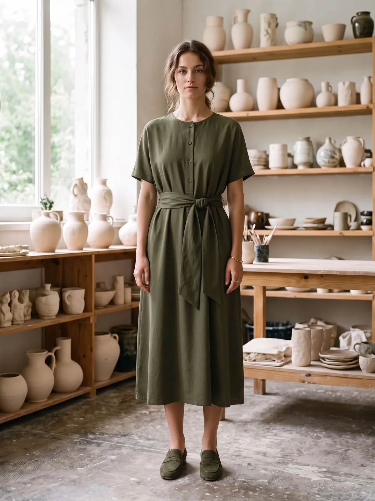 Stoffgürtel im selben tiefen Olivton wie das Hemdblusenkleid, weich in der Taille geknotet, dazu dunkelolivfarbene Loafer