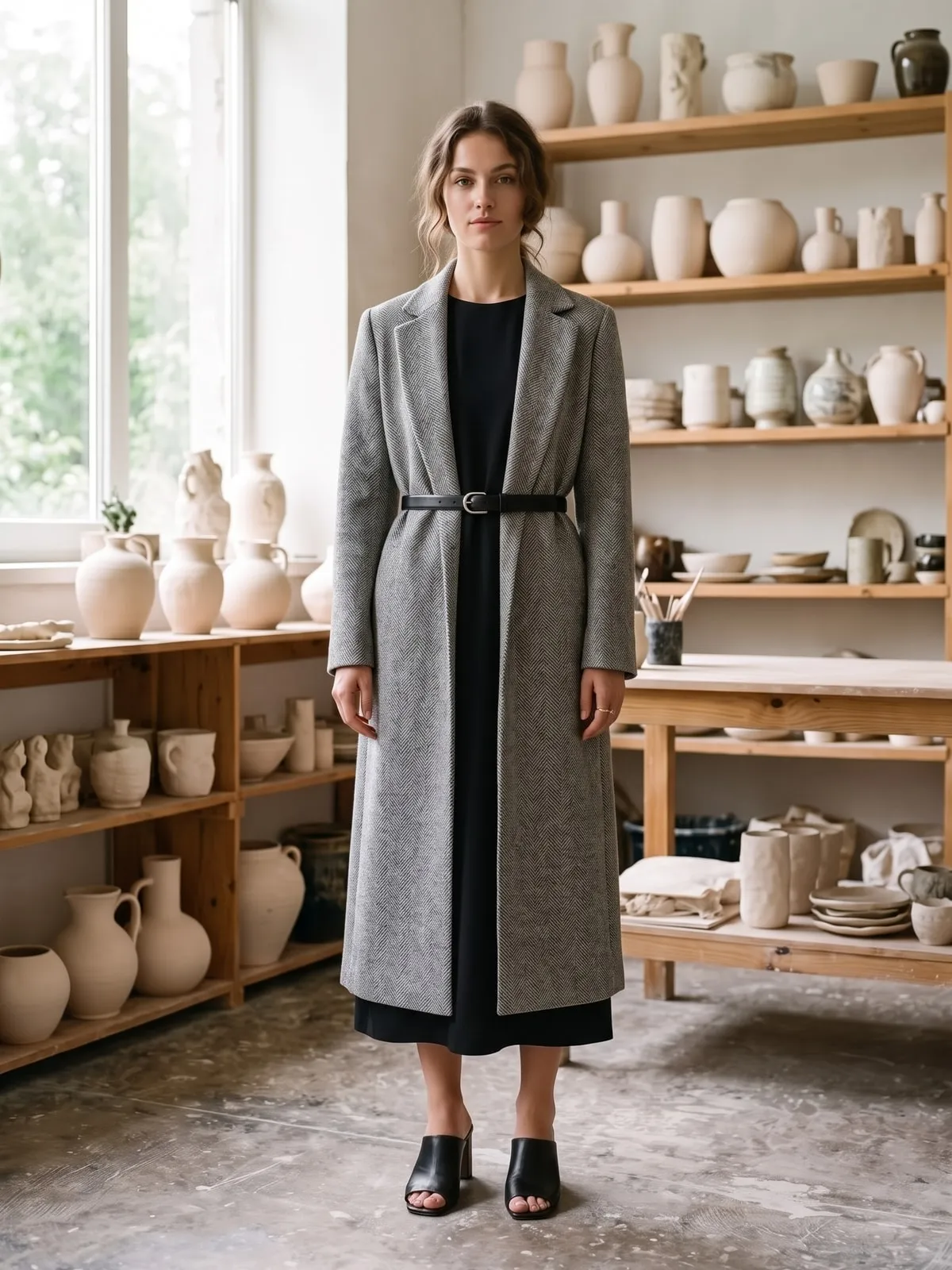 Schmaler schwarzer Ledergürtel über einem offenen langen grauen Wollmantel über einem schwarzen Kleid, der die Silhouette an der Taille schließt