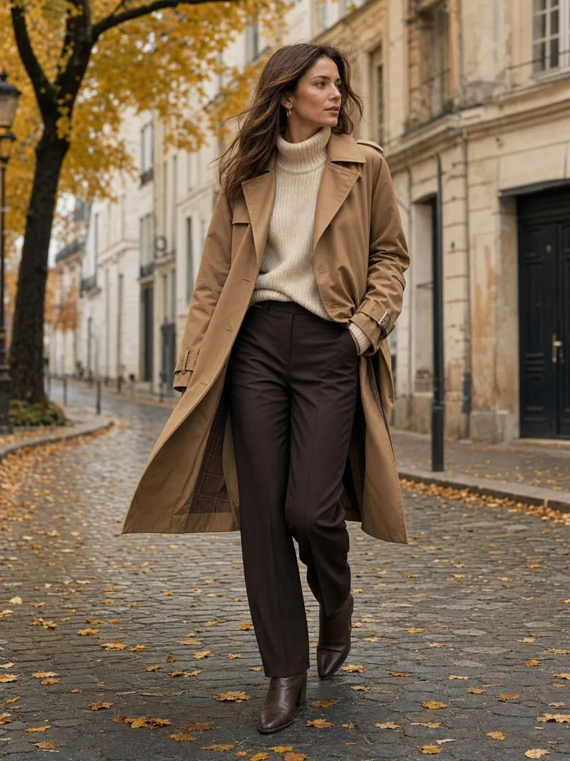 Frau im camelfarbenen Trenchcoat über cremefarbenem Rollkragenpullover in einer herbstlichen Altstadtgasse