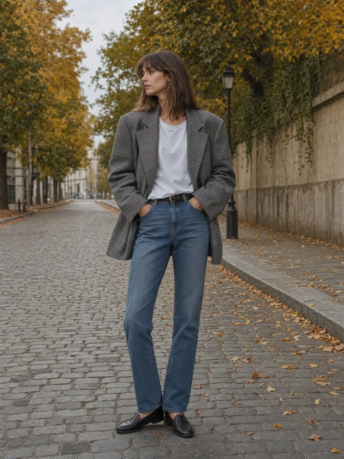Frau in grauem Oversize-Karoblazer mit weißem T-Shirt, gerader Jeans und Loafern auf einer Kopfsteinpflasterstraße