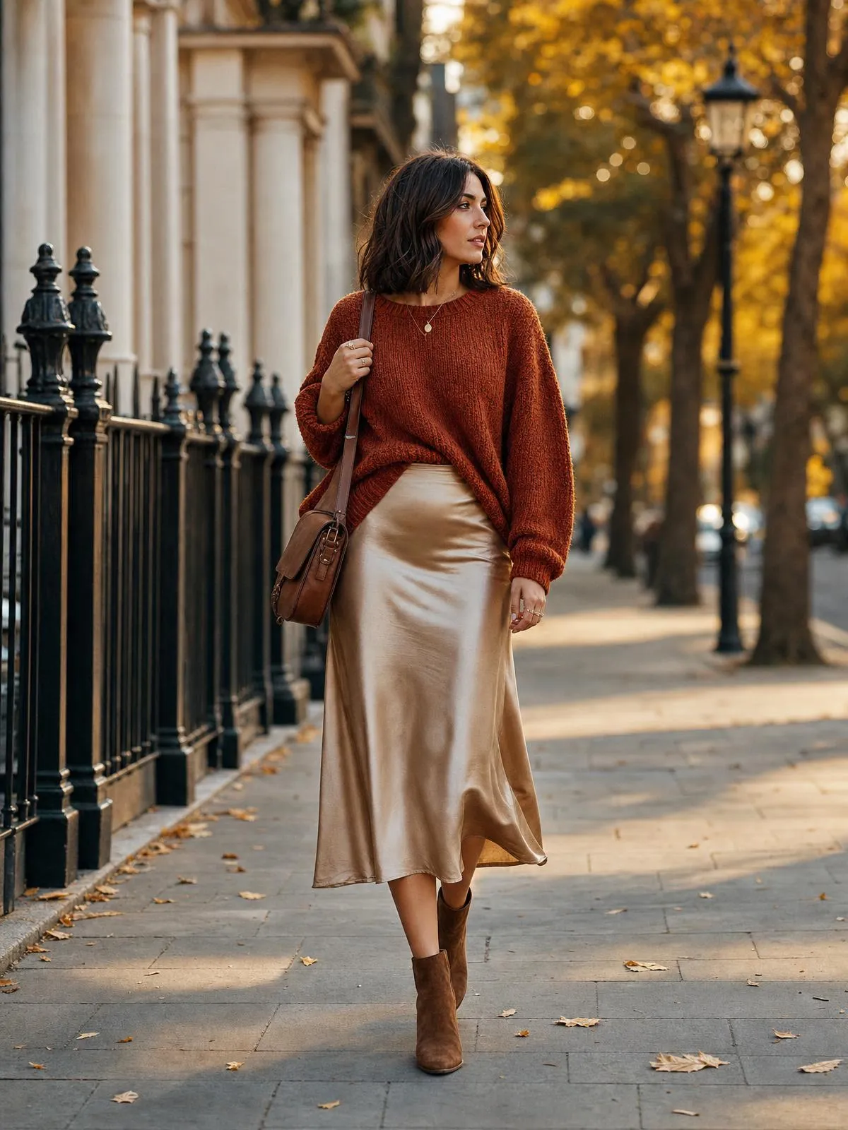 Frau in rostorangefarbenem Grobstrickpullover zu champagnerfarbenem Satin-Midirock und Wildleder-Stiefeletten