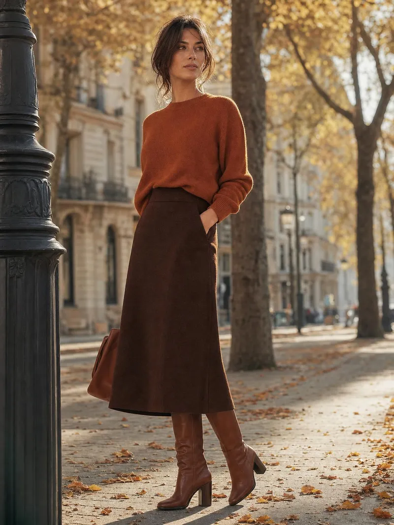 Frau in rostorangefarbenem Feinstrickpullover und schokobraunem Wollrock mit cognacfarbenen Stiefeln im herbstlichen Abendlicht