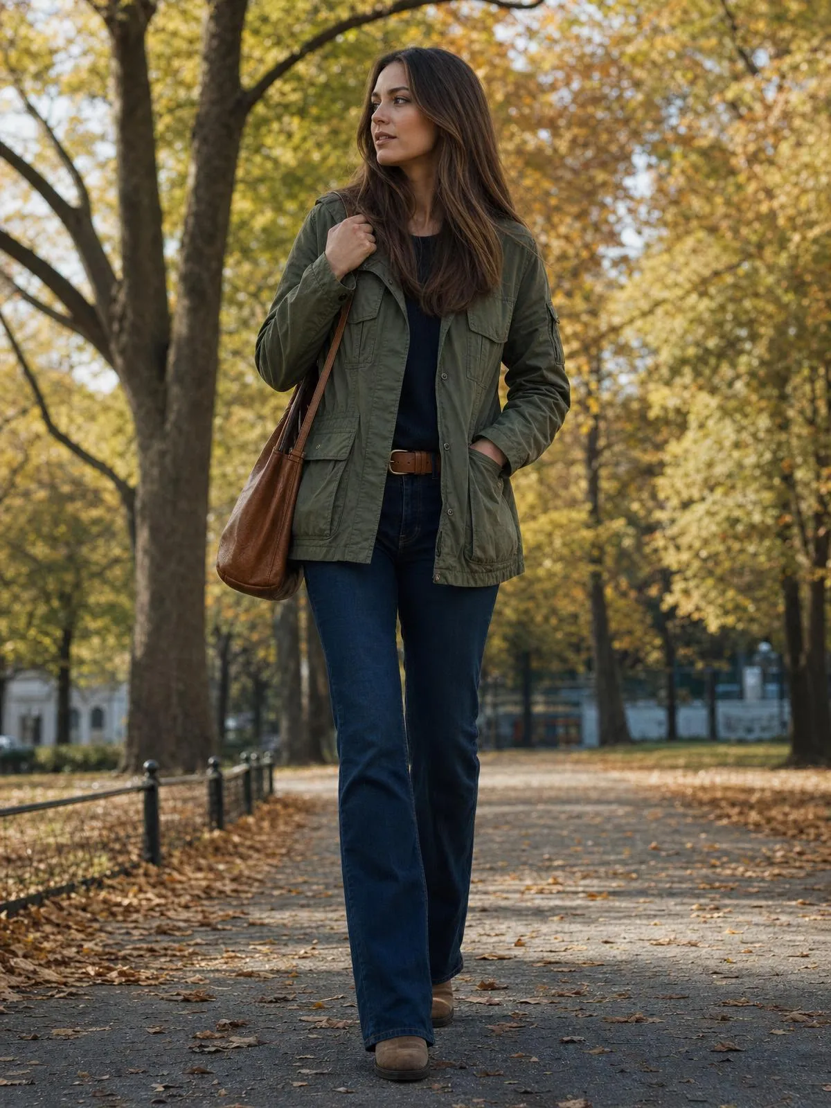 Frau in olivgrüner Utility-Jacke mit cognacfarbener Ledertasche und dunkler Jeans auf einem Laubweg