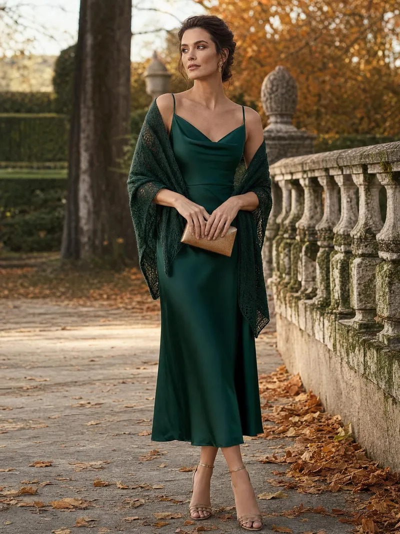 Frau in smaragdgrünem Satin-Midikleid mit feinem Strickschal in einem herbstlichen Garten