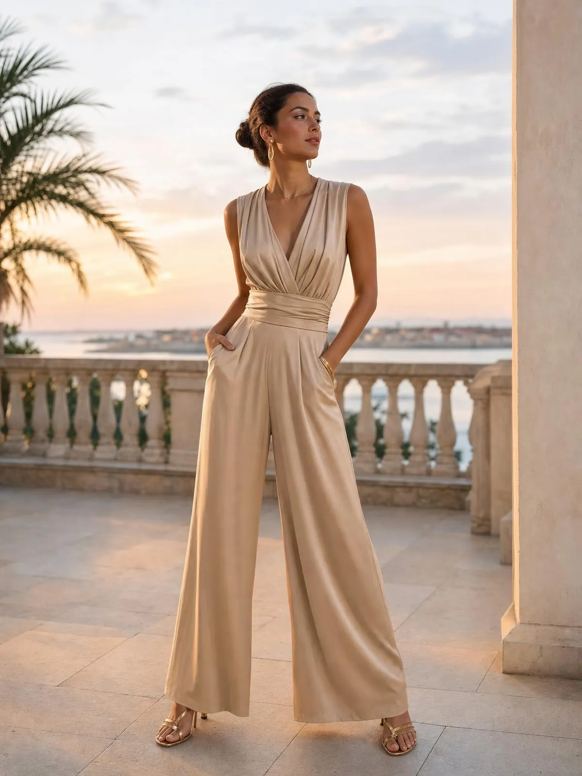 Frau in champagnerfarbenem Jumpsuit mit weitem Bein und goldenen Accessoires auf einer Terrasse