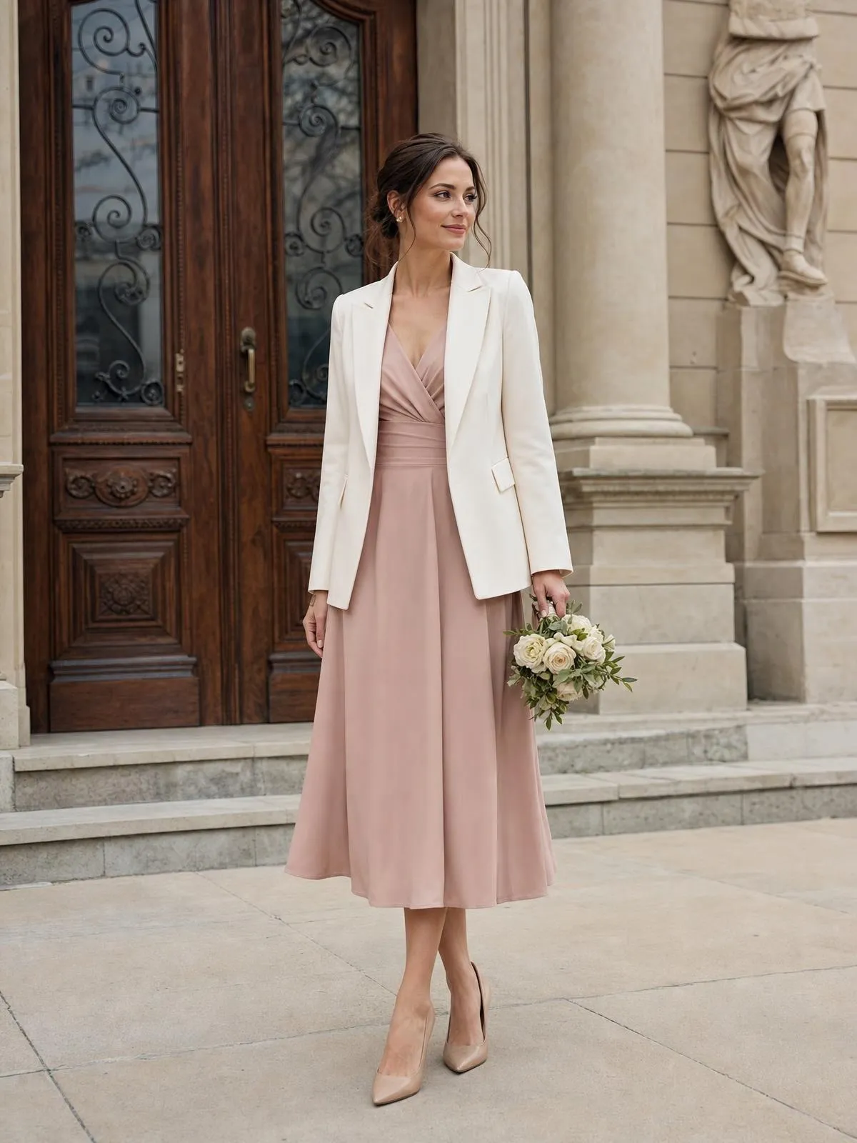 Frau in altrosafarbenem Midikleid mit cremefarbenem Blazer vor dem Eingang eines Standesamts