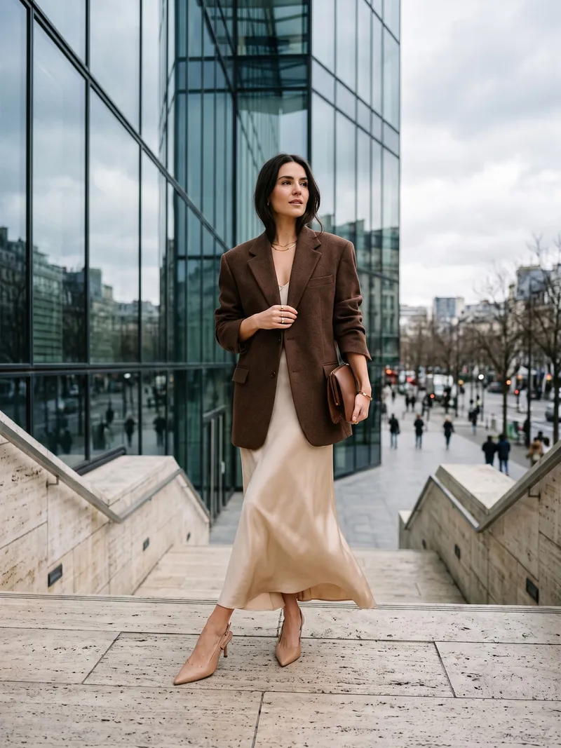 Frau in schokoladenbraunem Oversize-Blazer über einem champagnerfarbenen Satinkleid, dazu nudefarbene Slingpumps, auf einer hellen Steintreppe