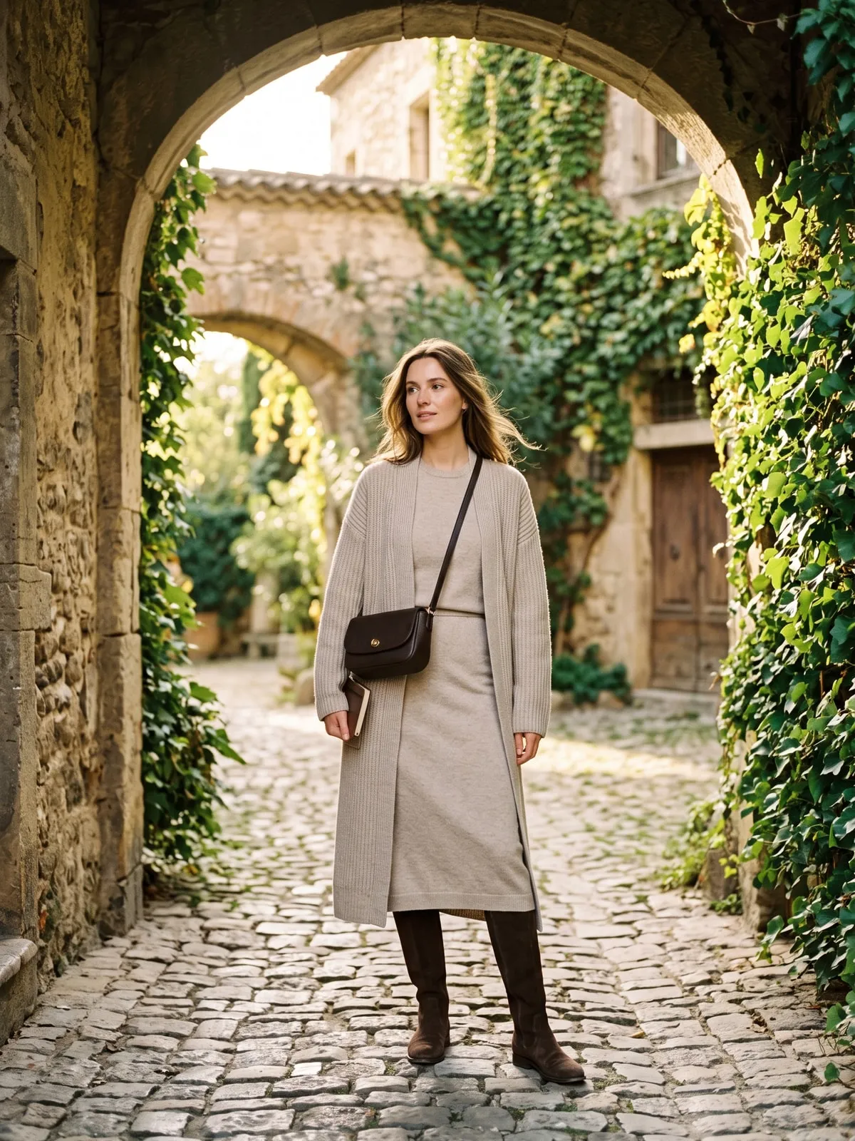 Lange sandbeige Strickjacke über einem fein gestrickten Kleid im selben Ton, braune Wildlederstiefel, in einem sonnendurchfluteten Steinbogen