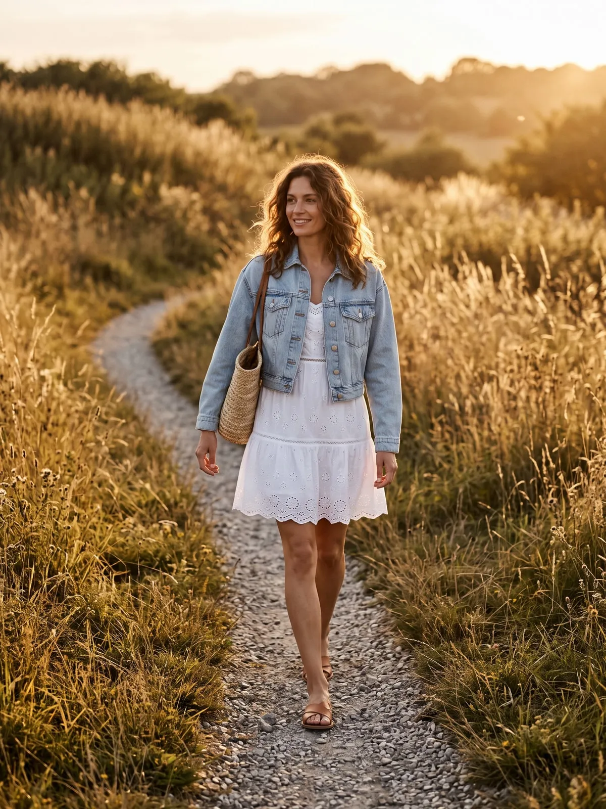Kurze helle Jeansjacke als Jacke zum weißen Sommerkleid mit Lochstickerei, dazu flache Ledersandalen, auf einem Feldweg im Abendlicht