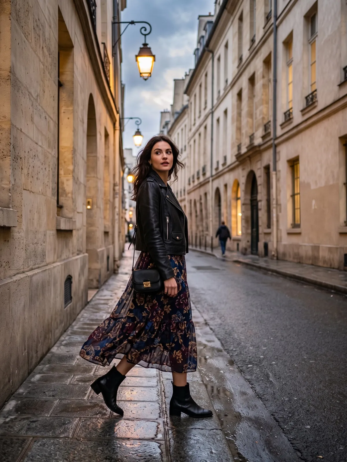Kurze schwarze Lederjacke zum dunklen Blumenkleid aus Chiffon, dazu schwarze Chelsea-Boots, auf einer regennassen Straße in der Dämmerung