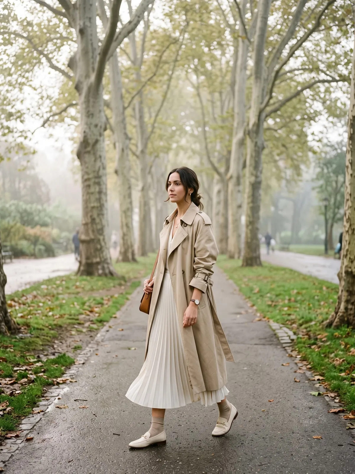 Langer beiger Trenchcoat offen über einem cremefarbenen Plisseekleid, cremefarbene Loafer, in einer nebligen Platanenallee