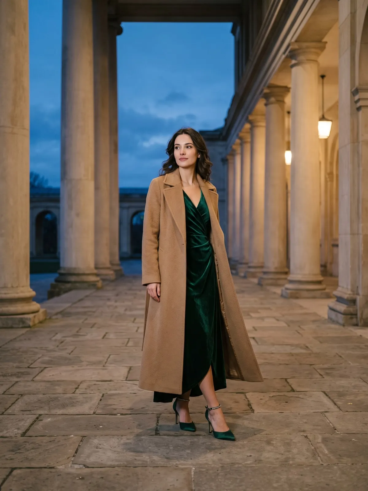 Bodenlanger Kamelmantel offen über einem smaragdgrünen Samtkleid, dunkelgrüne Satinpumps, abends vor einer beleuchteten Kolonnade