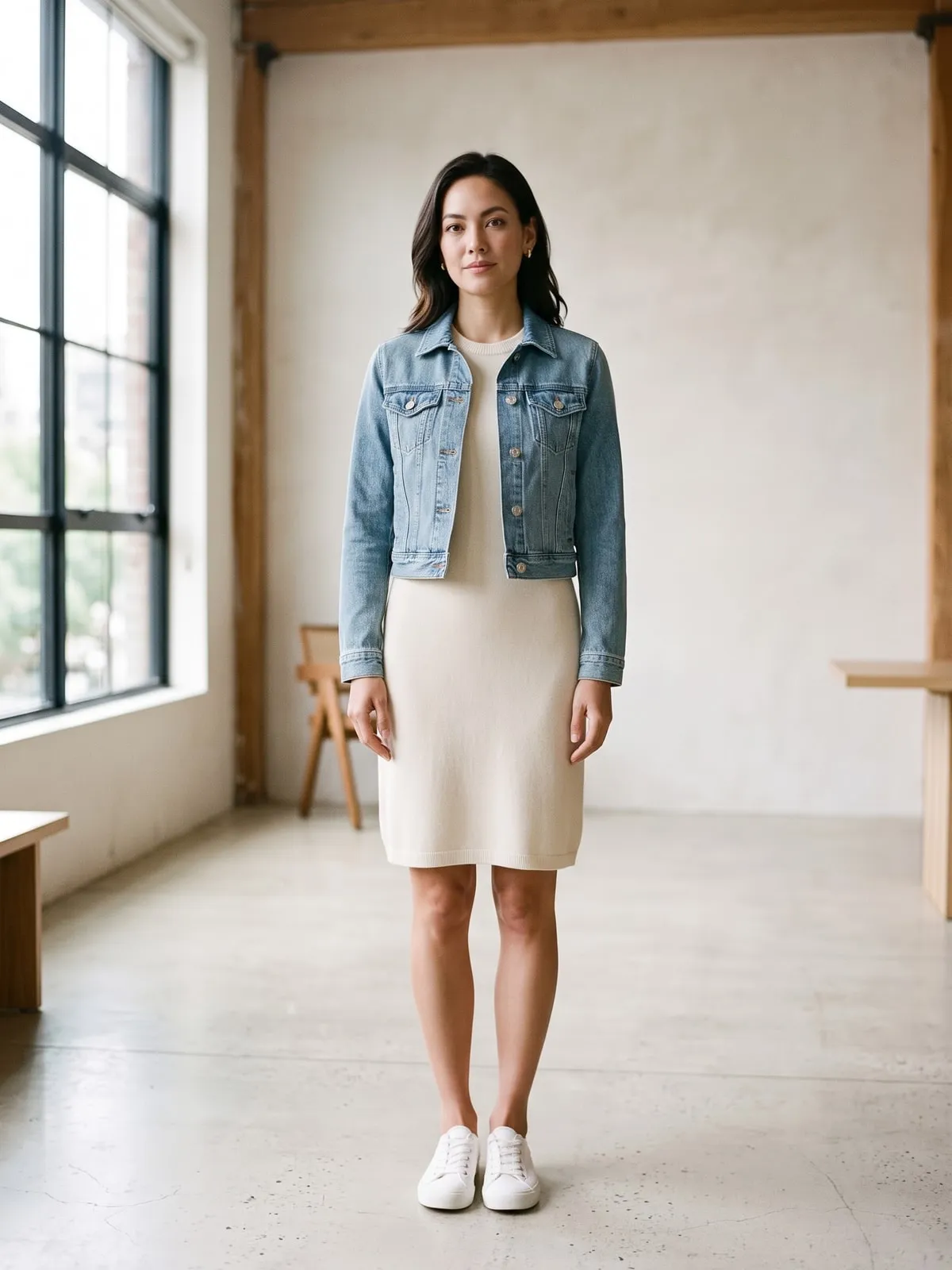 Kleine Frau in einem cremefarbenen knielangen Kleid mit kurzer Jeansjacke, die an der Taille endet, dazu weiße Sneaker