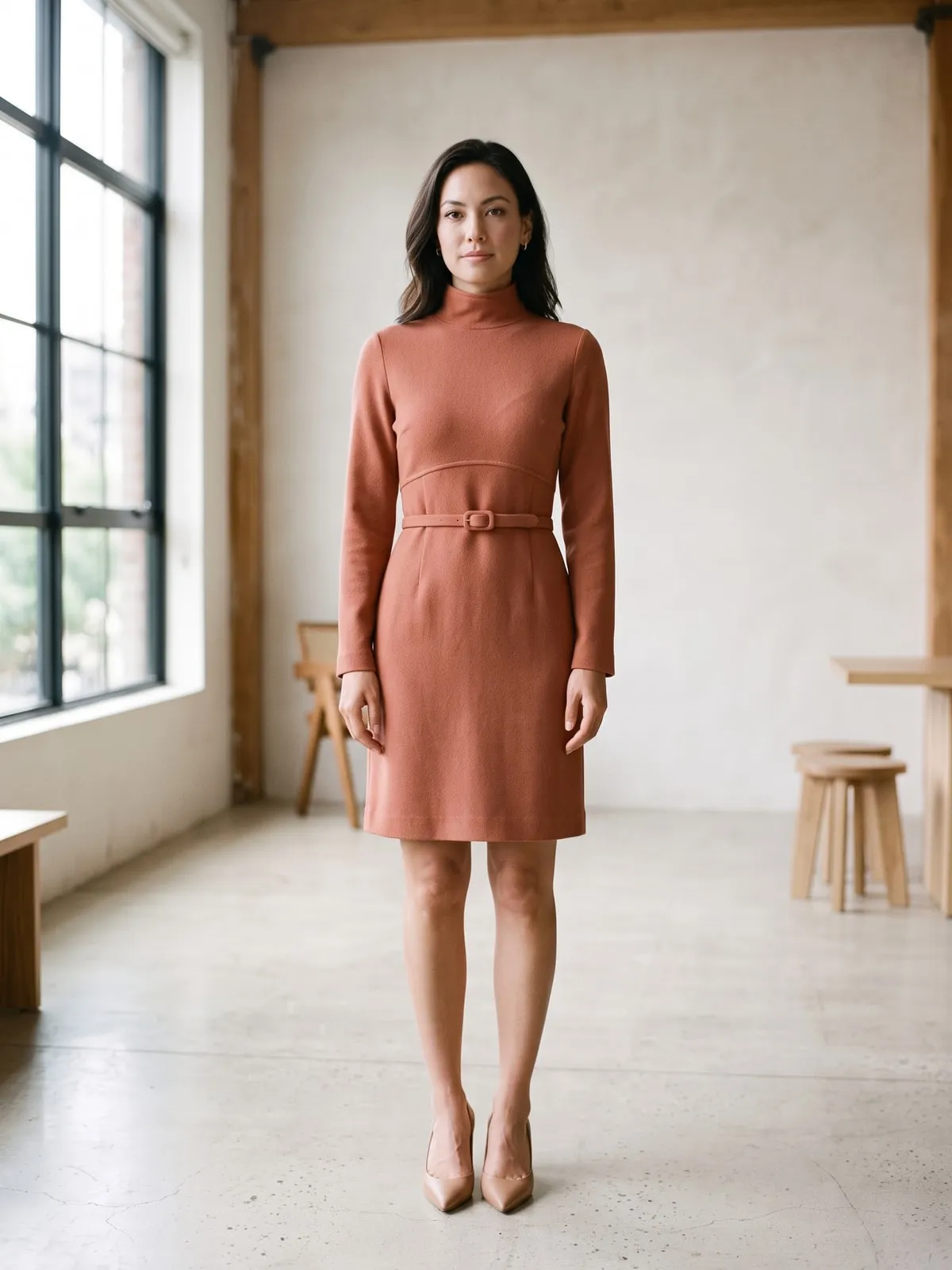 Kleine Frau in einem terrakottafarbenen Kleid mit Saum knapp über dem Knie und schmalem Selbstgürtel, dazu nudefarbene Slingback-Pumps