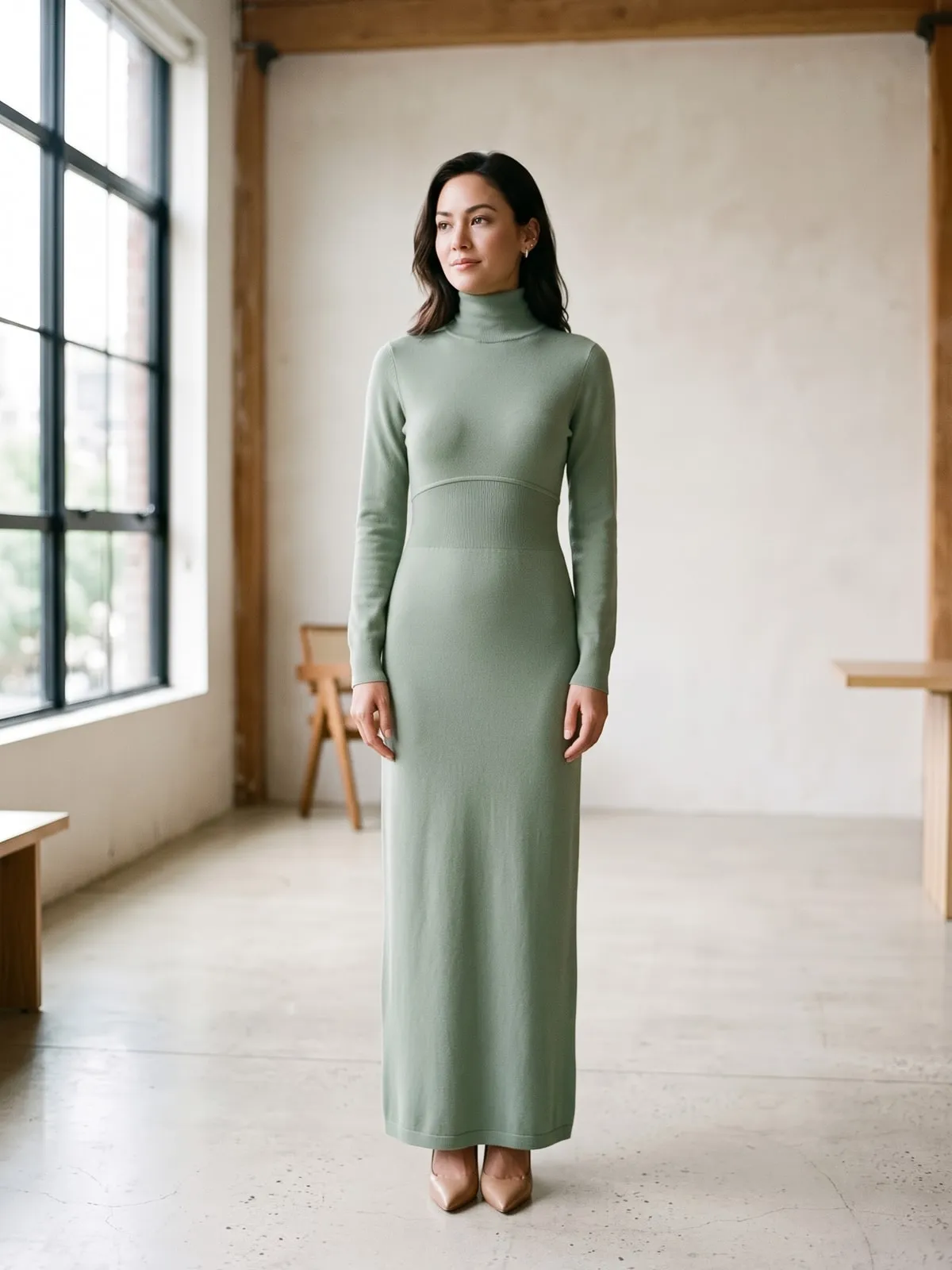 Kleine Frau in einem schmalen bodenlangen Maxikleid in Salbeigrün, der Saum schwebt knapp über dem Boden