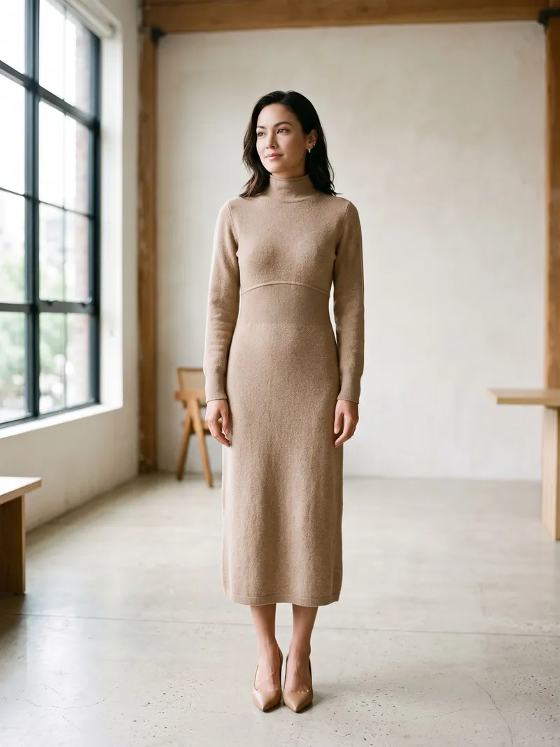 Kleine Frau in einem beigefarbenen Strickkleid mit hoher Taillennaht und beigen Pumps im selben Ton in einem hellen Loft