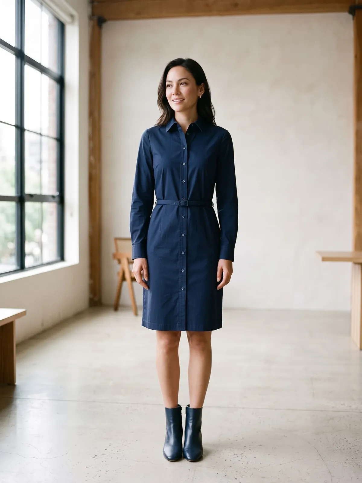 Kleine Frau in einem marineblauen Hemdblusenkleid mit durchgehender schmaler Knopfleiste und schmalem Gürtel, dazu marineblaue Stiefeletten