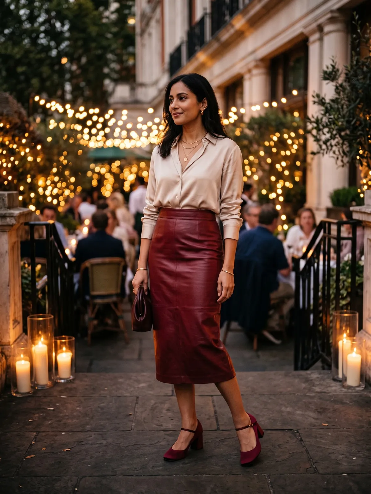 Bordeauxroter Lederrock mit champagnerfarbener Seidenbluse und dunkelroten Blockabsatzschuhen auf einer Terrasse mit Lichterketten