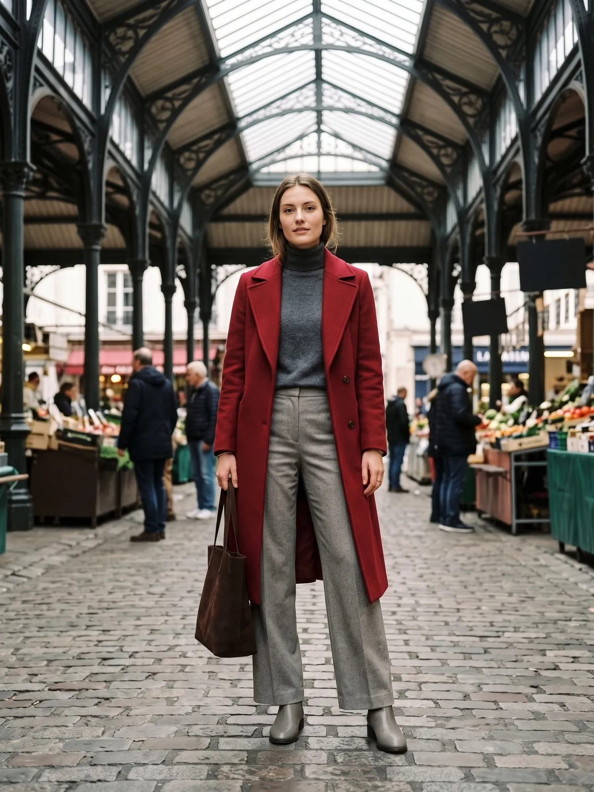 Frau in einem karminroten Wollmantel über einem vollständig neutralen beige-grauen Outfit mit grauen Stiefeln
