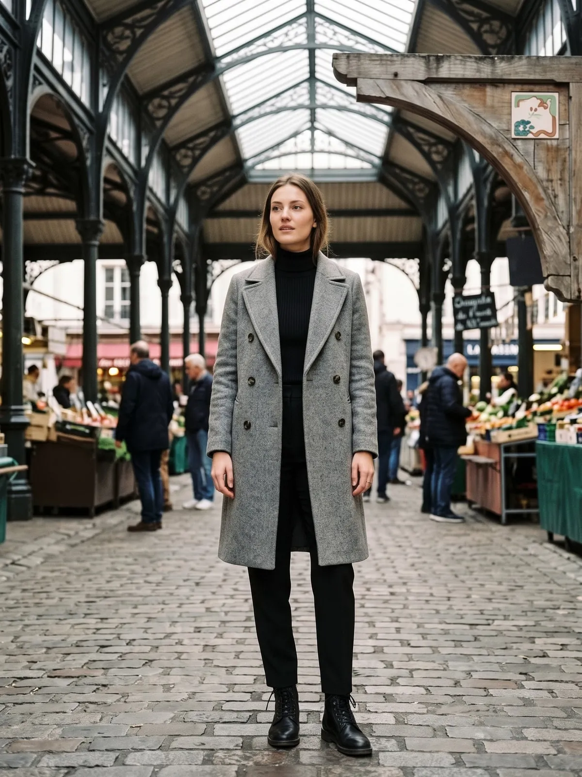 Frau in einem mittelgrauen zweireihigen Wollmantel über einem komplett schwarzen Outfit mit schwarzen Stiefeln