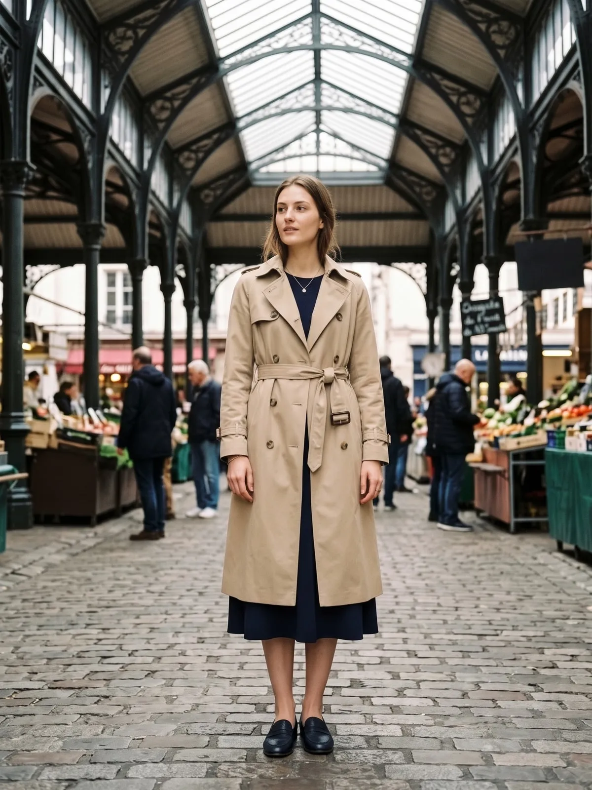 Frau in einem klassischen beigefarbenen Trenchcoat, fest in der Taille gegürtet, über einem marineblauen Midikleid mit dunklen Loafern