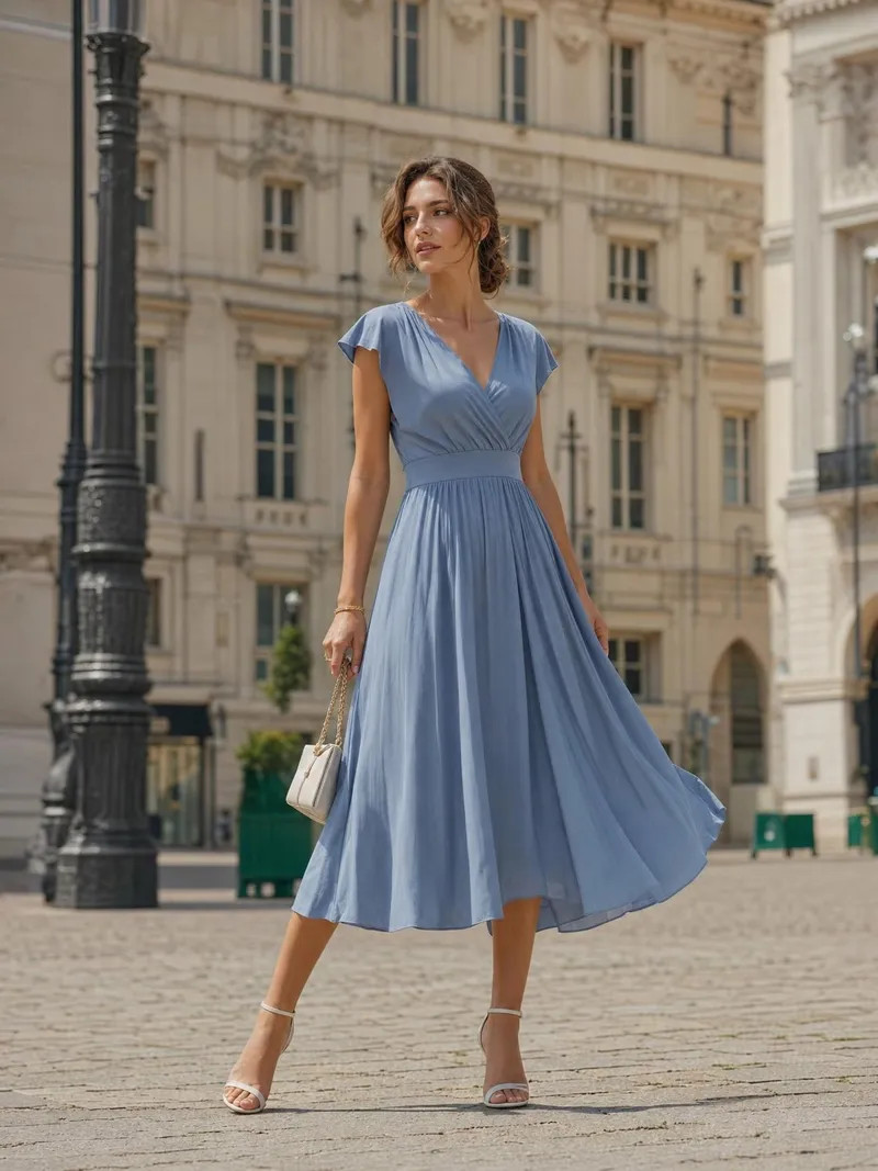 Frau in einem fließenden taubenblauen Midikleid mit betonter Taille auf einem hellen Stadtplatz