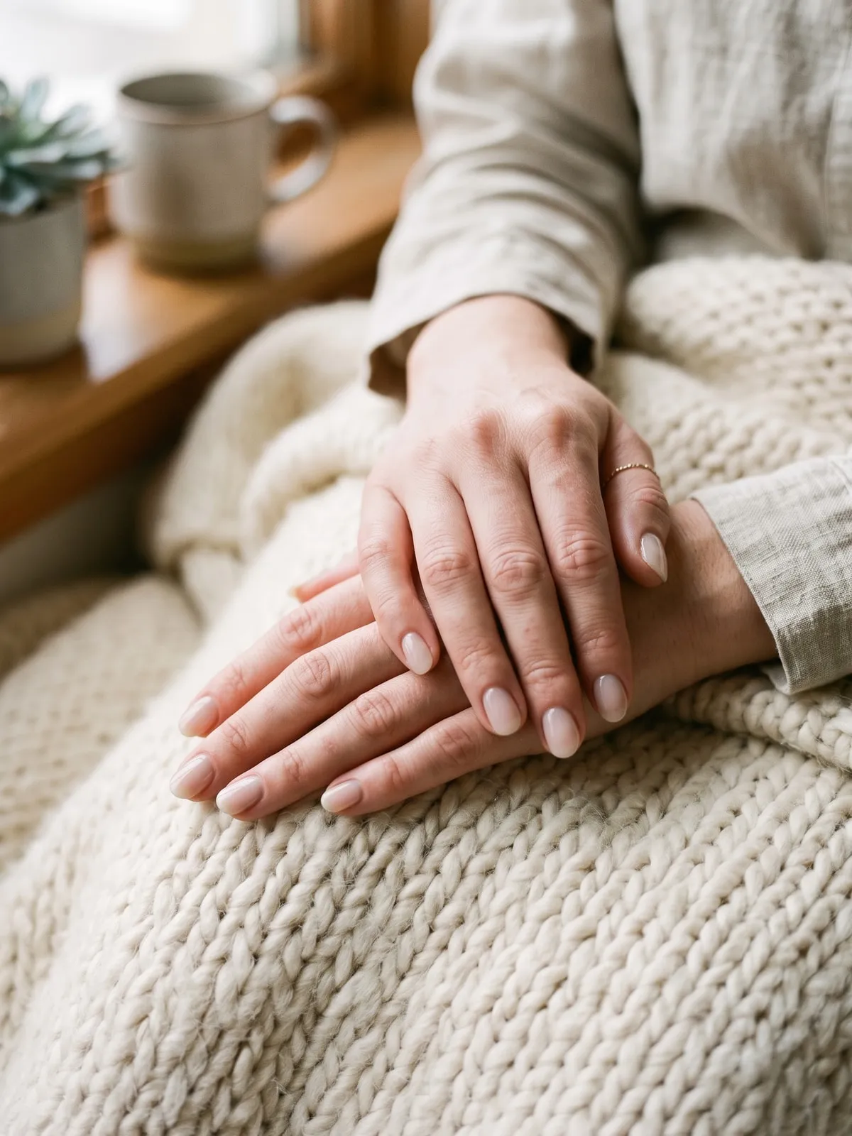 Kurze runde Nägel in einem milchig-durchscheinenden Nudeton, die Hände ruhen auf einer cremefarbenen Strickdecke