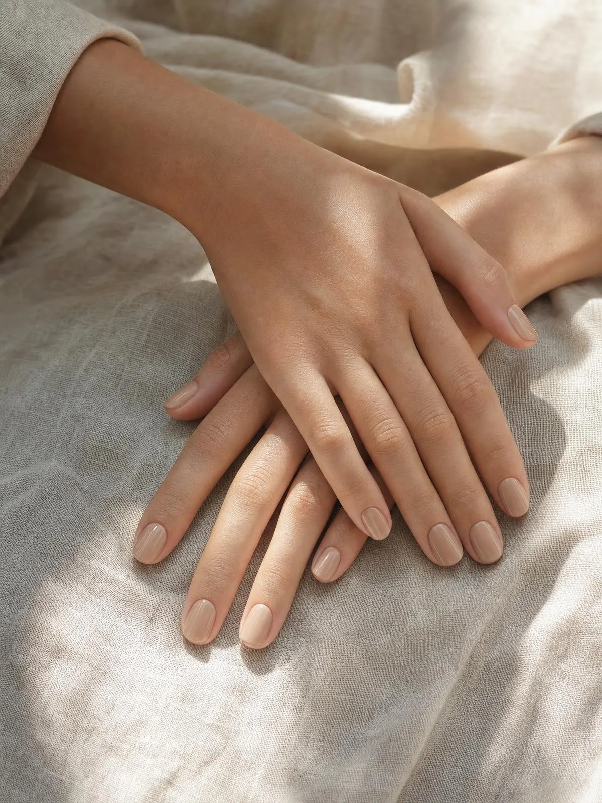 Gepflegte Hände mit kurzen ovalen Nägeln in warmem Nude-Beige auf hellem Leinen
