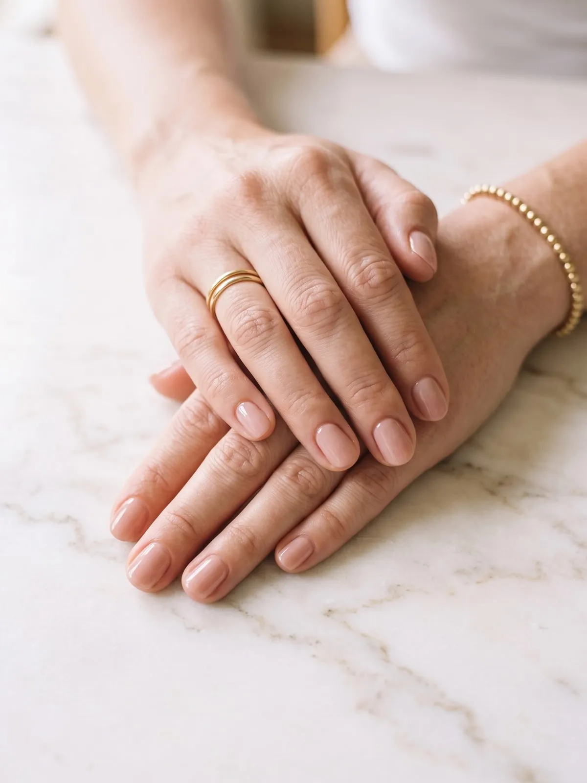 Kurze Naturnägel in einem hauchzarten Nudeton mit Hochglanz-Überlack und sauberer Nagelhaut auf einer hellen Marmorfläche