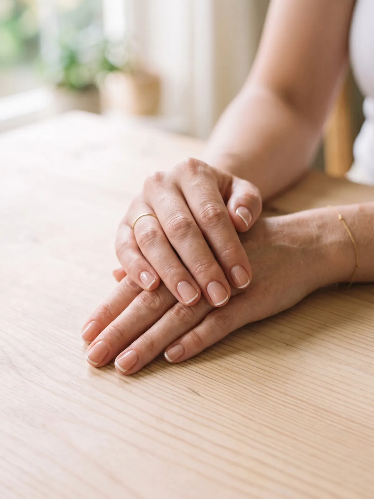 Kurze Naturnägel mit hauchfeiner Micro-French-Maniküre, eine haarfeine weiße Linie an der Spitze, auf einem hellen Holztisch