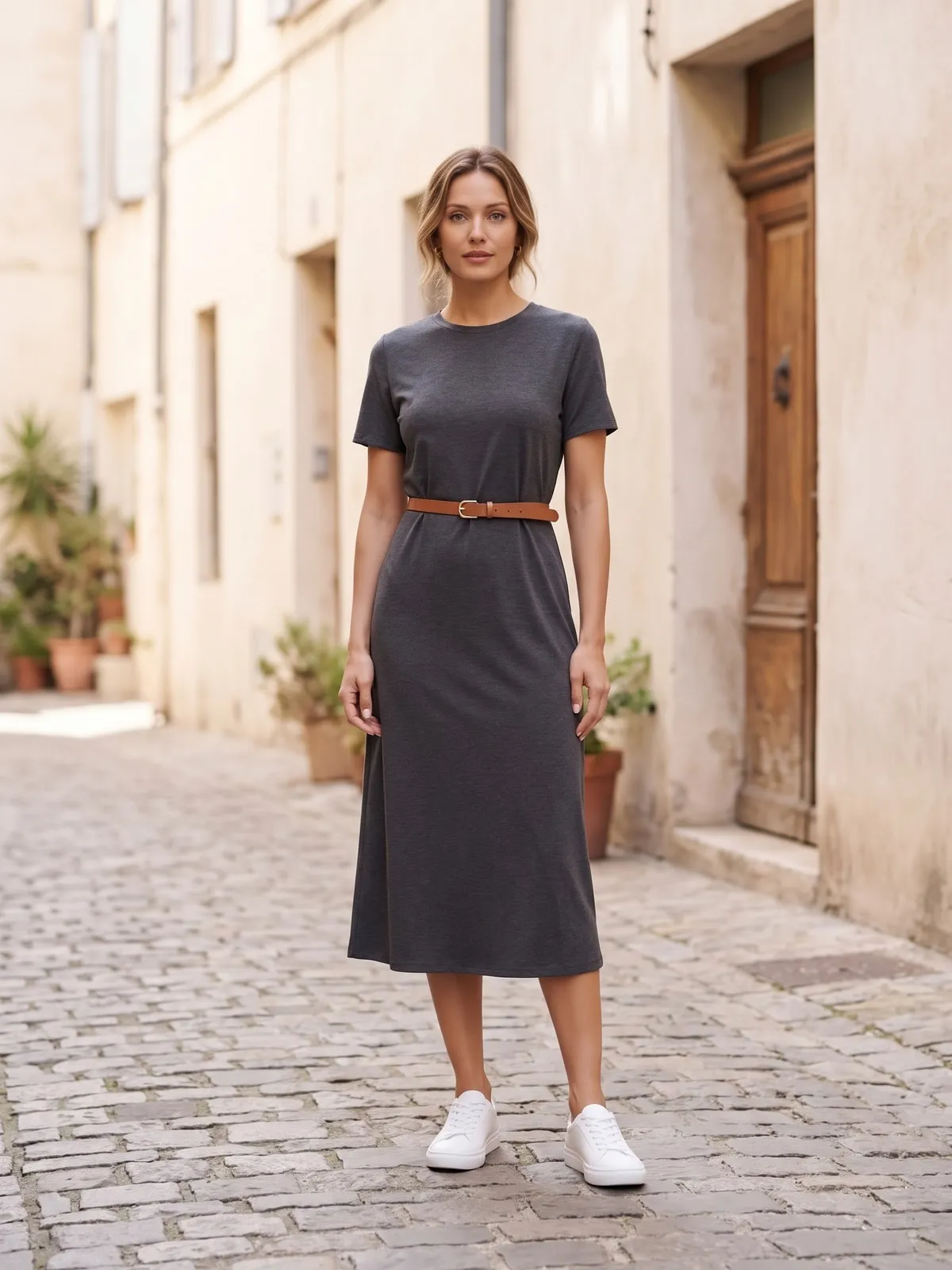 Weiße Leder-Sneaker zu einem anthrazitfarbenen Jersey-Midikleid mit schmalem braunem Gürtel in einer gepflasterten Seitengasse