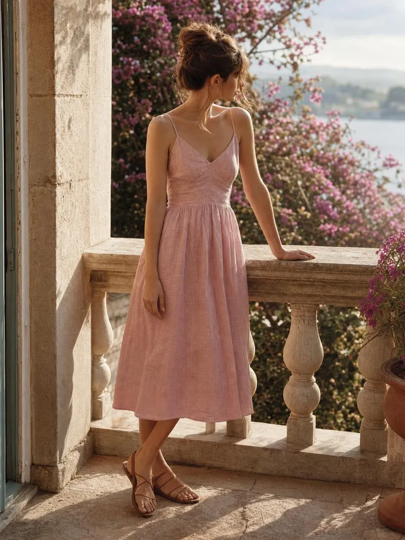 Frau in einem fließenden zartrosa Leinen-Sommerkleid auf einer mediterranen Terrasse im Abendlicht