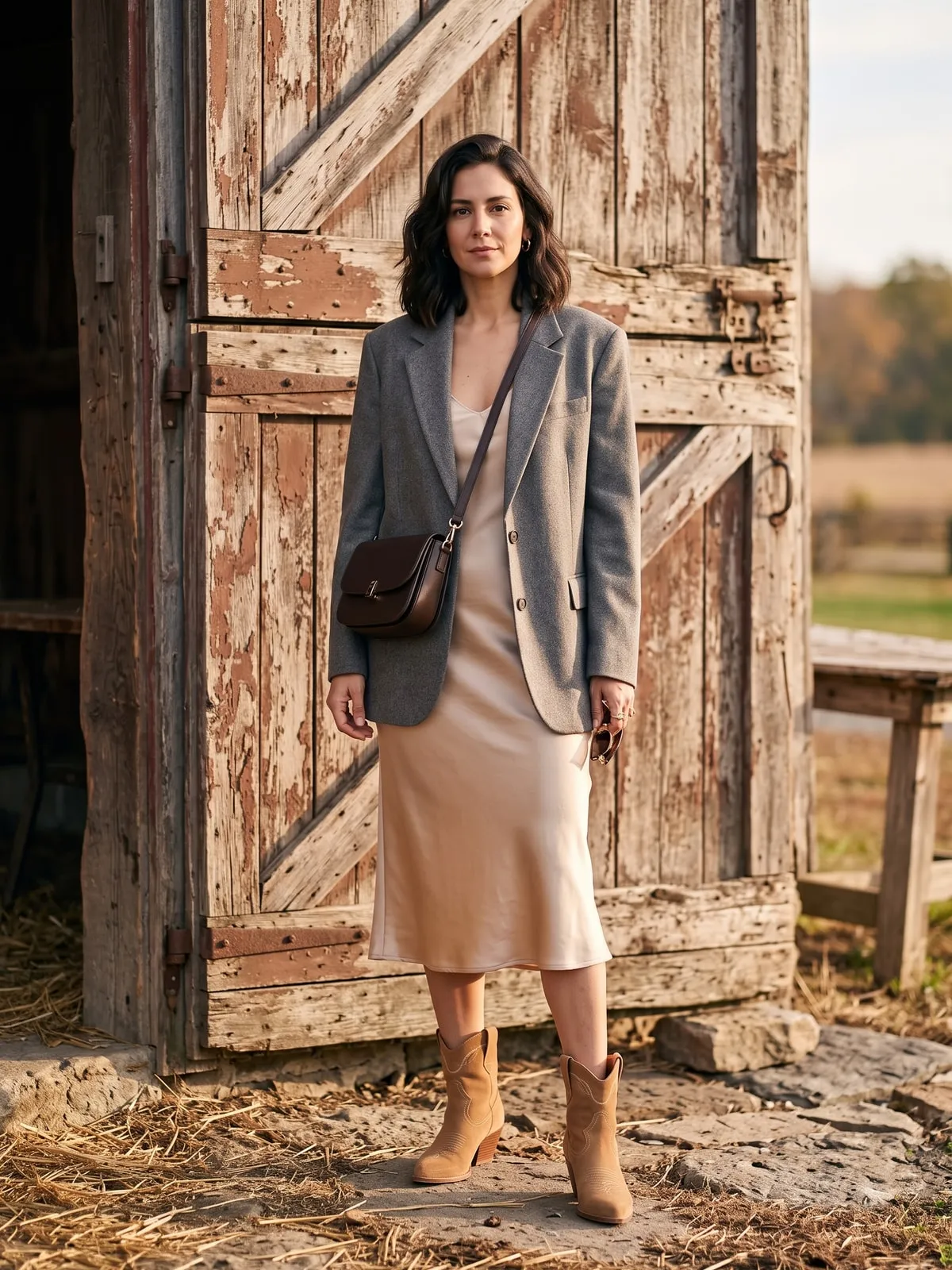 Sandfarbene Westernstiefel mit schrägem Absatz zu einem champagnerfarbenen Satin-Slipkleid und übergroßem grauem Wollblazer vor einer Holzscheunentür