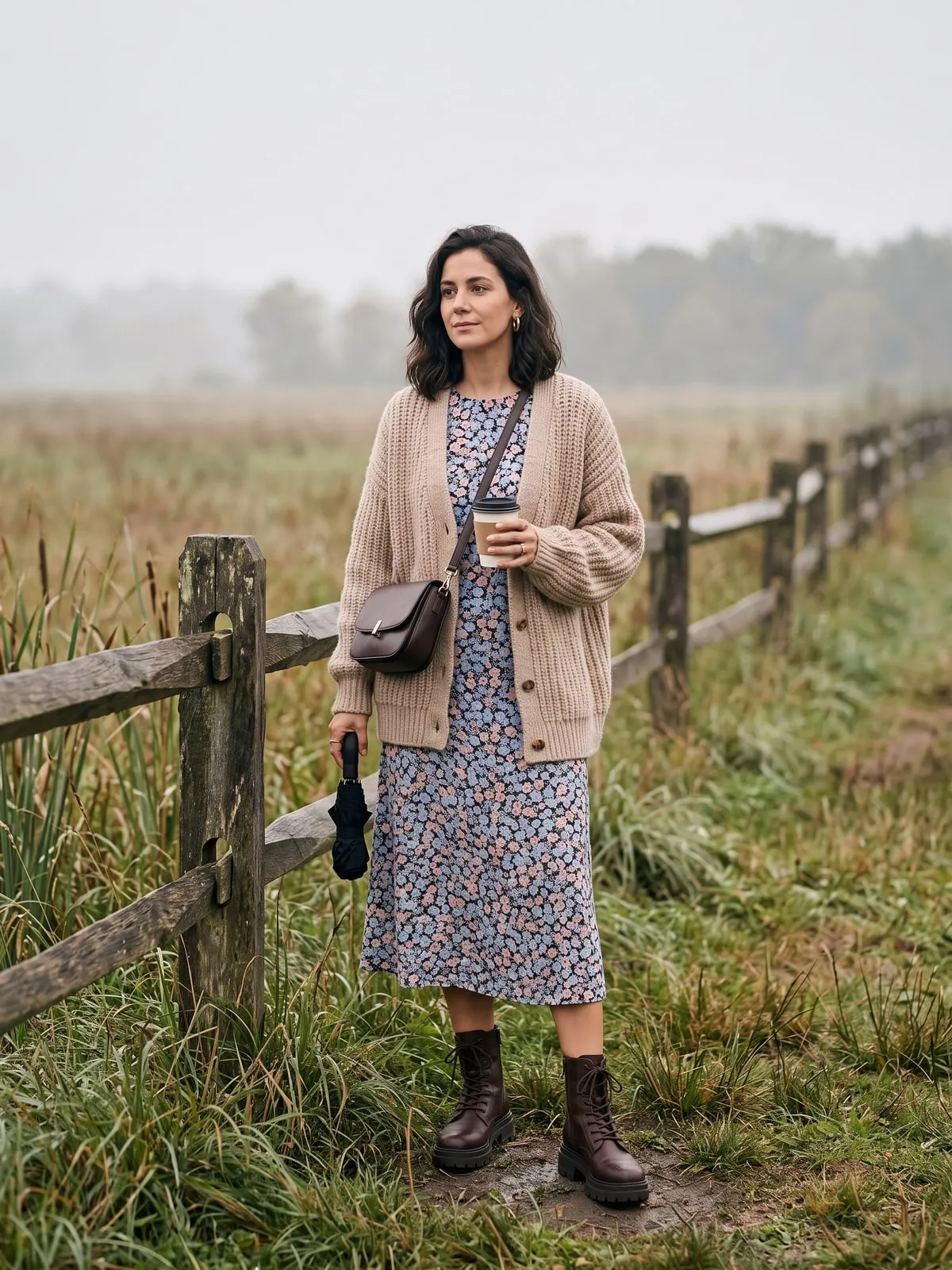 Klobige dunkelbraune Schnürstiefel zu einem Viskosekleid mit kleinem Blumenprint und grober Strickjacke an einem Holzzaun